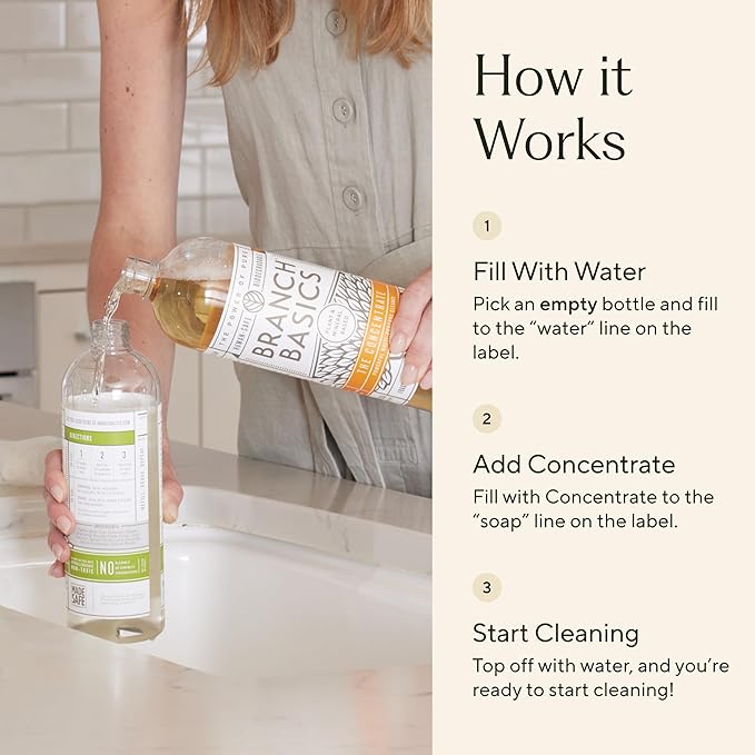 Branch Basics Ultimate Starter Kit: Natural All Purpose Cleaner Glass Bathroom Foaming Hand Wash (4 Plastic Bottles + Concentrate + Oxygen Boost) Laundry Detergent Plastic-Free Dishwasher Tablets