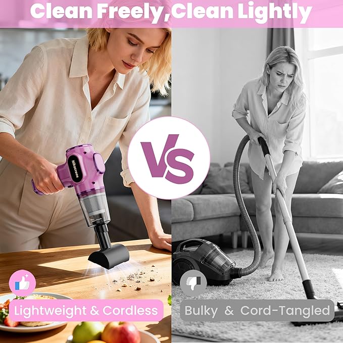 Pink Car Vacuum CleanerPortable Mini Cordless Small Handheld Vacuum Cleaner with LCD Display and Multi-Nozzles Powerful Hand Held Vacuums for CarPet HairHomeOfficeSofaKeyboard