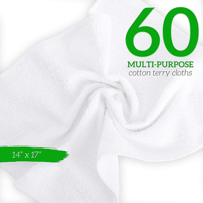 GREEN LIFESTYLE Blue &amp Orange Striped Terry Towels White Rags Bar Towels 100% Cotton Absorbent and Durable Multipurpose Cleaning Rags Kitchen Rags (14”x17” Pack of 60)