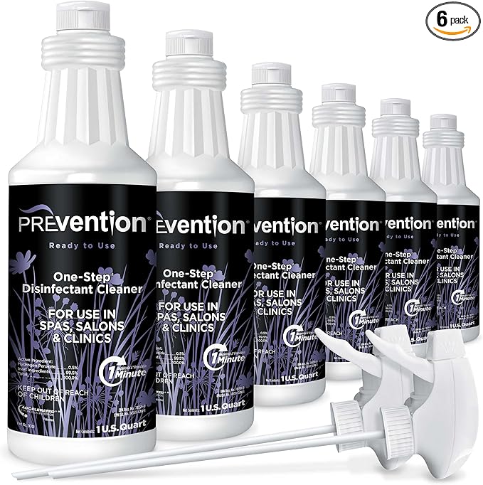 Prevention Ready-To-Use Disinfecting Cleaner – Hospital Grade Disinfectant Spray Solution for Salons Spas Clinics Surfaces – Sanitizing Solution &amp Two Reusable Sprayers – 32oz Bottle (6 Pack)