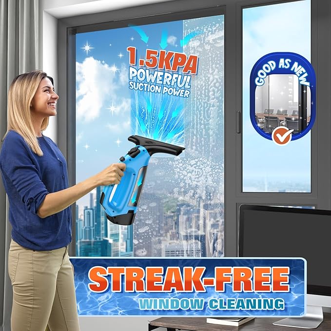 3 in 1 Rechargeable Window Vacuum Squeegee Cordless with 10 inch Blade Window Cleaner for Efficiently Spraying Wiping and Vacuuming Windows Mirrors Shower Glass Tiles and Countertops Blue