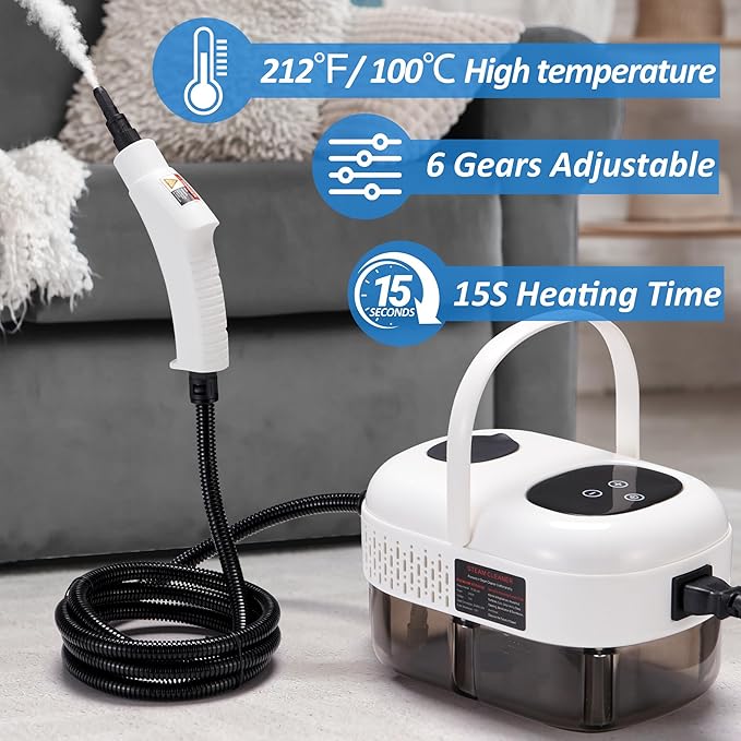 Spurgehom Handheld Steam Cleaner 15s Heat-Up 1L Tank Portable Steam Cleaner 2500W High Temperature Multipurpose Steamer for Cleaning 6 Gears Adjustable Handheld Steamer for Home White