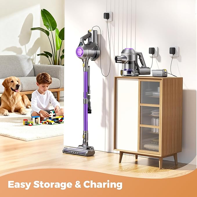 Cordless Vacuum Cleaner 40Kpa Powerful Suction Stick Vacuum Cleaners for Home 45 Mins Runtime 1.6L Dust Box Anti-Tangle 8-in-1 Rechargeable Vacuum for Hardwood FloorCarpetPet Hair (Purple)