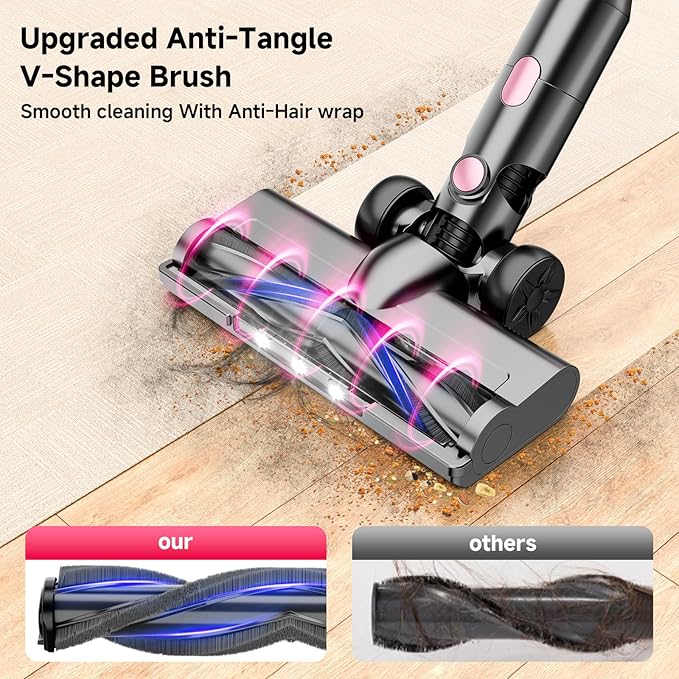 Cordless Vacuum Cleaner 38Kpa Powerful Stick Vacuum Cleaner with 45mins Rechargeable Battery LED Anti-Tangle Brush 8-in-1 Handheld Vacuum Cleaners for Home/Pet Hair/Carpets/Floors Rose