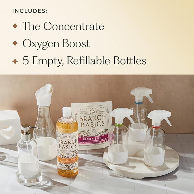 Branch Basics Premium Starter Kit in Glass: All Purpose Cleaner Glass Cleaner Bathroom Cleaner Wash Bottle and Laundry Bottle (3 Glass Spray Bottles + Concentrate) Fragrance-Free