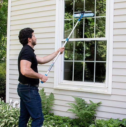 Unger Professional 2-in-1 Squeegee and Scrubber 14” Window Cleaning Tool and 8’ Connect &amp Clean Pole Essential Glass Supplies for Commercial and Residential Use Microfiber Sleeve