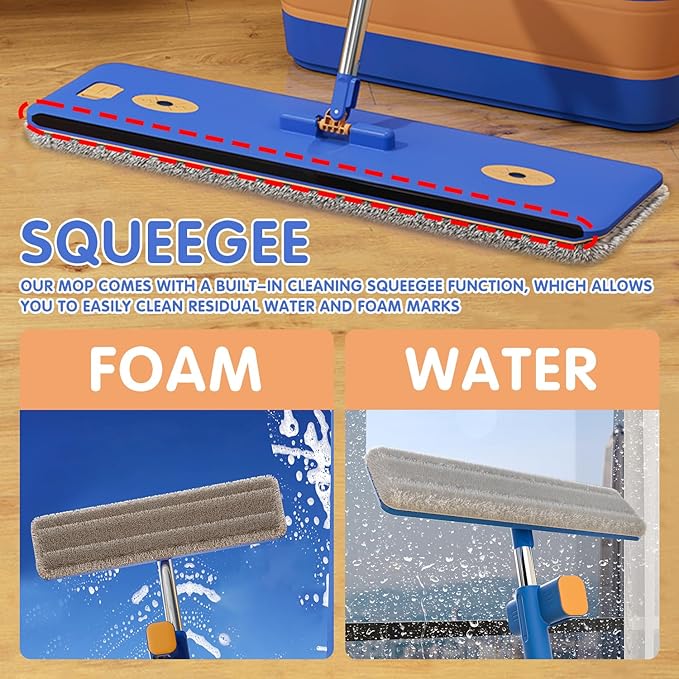 16.5 Self Wringing Flat Mop and Bucket Set 55 Long Handle Microfiber Mop for Floor and Wall Cleaning Hands-Free Wet &amp Dry Mop with Squeegee 5 Replacement Pads &amp Collapsible Bucket