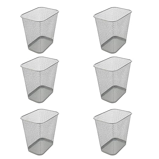 YBM Home Wire Steel Mesh Trash Can - 3.5-Gallon Waste Basket for Under Desk Office Home Bathroom Laundry Room - Rectangle Metal Wastebasket Trashcan Silver - 6 Pack