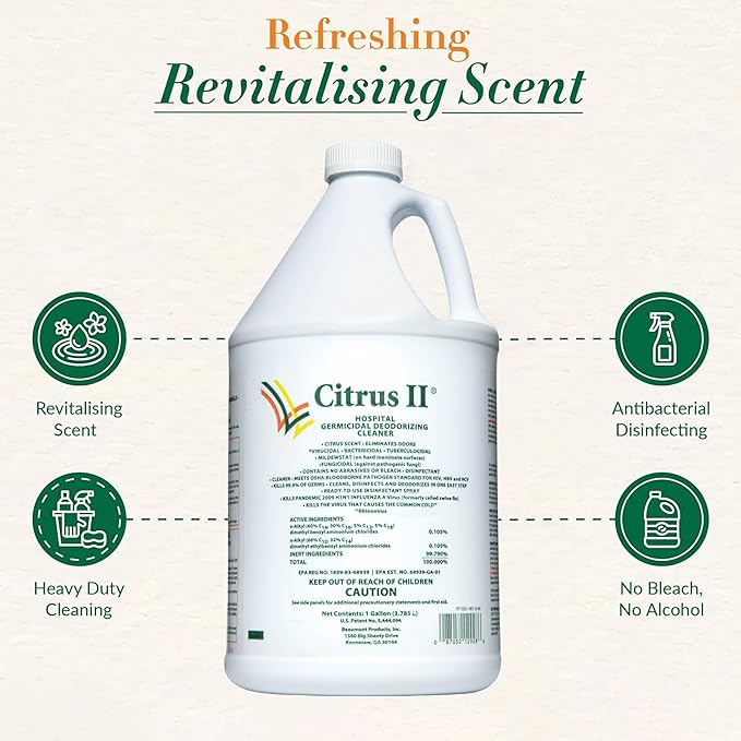 Citrus II Hospital Germicidal Deodorizing Cleaner - Fresh Citrus Scent - 1 Gallon - Refill - Disinfecting Cleaner for Home Hospital and Office Areas