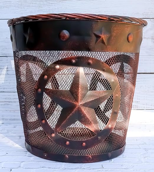 Ebros Rustic Western Texas Lone Stars in Circles of Nailheads with Braided Metal Rope Trim Wire Waste Basket Bin 12.75 Wide Home and Bathroom Accent Country Farmhouse Cowboy Decorative Trash Can