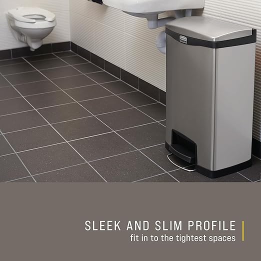 Rubbermaid Commercial Products Impressions Metal Step On Trash Can Front Step 13 GAL Stainless Steel Black Indoor for Hospitals/Office Spaces/Restaurants