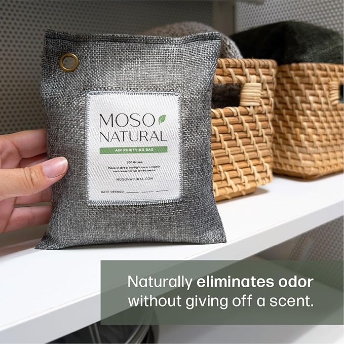 Moso Natural Air Purifying Bag 200g (4 Pack) | Premium Bamboo Charcoal Odor Absorber for Home &amp Car | Closet Odor Eliminator Small Room Deodorizer &amp Car Air Freshener | Long Lasting Charcoal