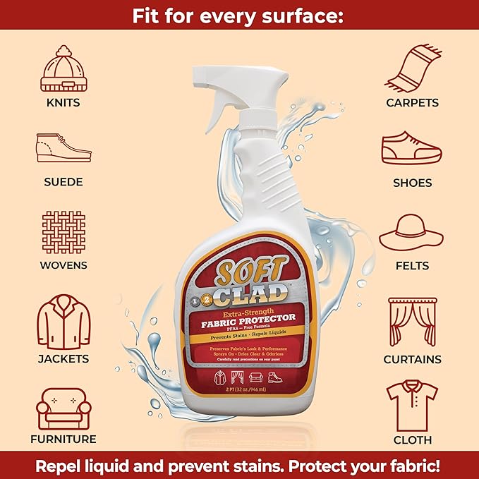 Extra Strength Fabric Protector Spray Prevents Stains and Repels Liquids. SoftClad Guards Furniture Shoes Carpet Upholstery Suede Leather Couch. Safe for Indoor Use. PFAS Free Formula 32oz