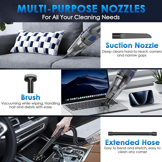 Handheld Vacuum Cordless 15000PA Strong Suction Hand Held Car Vacuum Cleaner Rechargeable Portable Hand Vacuum with Multi-Nozzles &amp Washable Filter for Home Office Car Pets