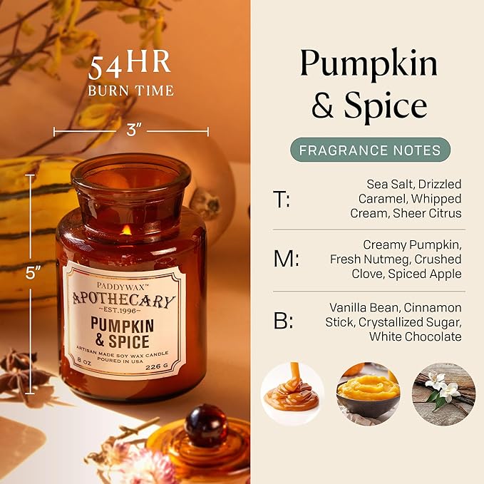 Paddywax Artisan Apothecary Scented Candle with Lid in Reusable Glass Jar Clean-Burn Soy Candle with Approx. 54 Hour Burn Time Pumpkin &amp Spice 8 oz.