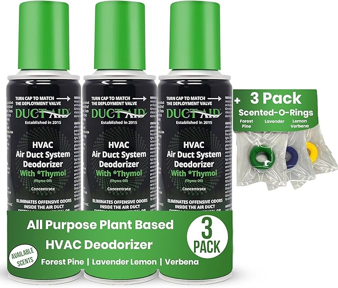 HVAC Air Deodorizer &amp Mold Treatment Fogger 3-Pack with 3 Scented O-Ring Pads | Air Duct Freshener for HVAC &amp AC Vents | Plant-Based Thymol Fogger for Home Car &amp Commercial Spaces