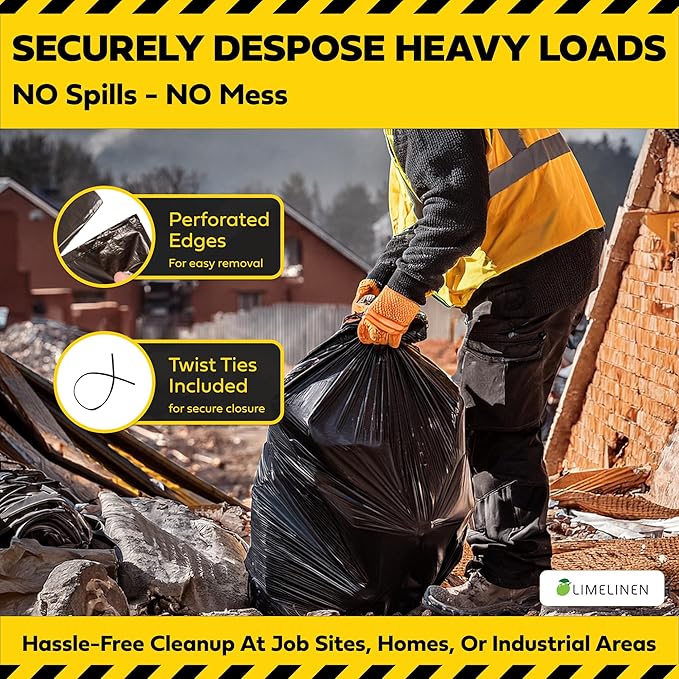 Lime Linen 96 Gallon Heavy Duty Contractor Garbage Bags | Industrial Construction &amp Yard Waste | 36 Pack Extra Thick 3 Mil Twist Ties Included for Secure Closure