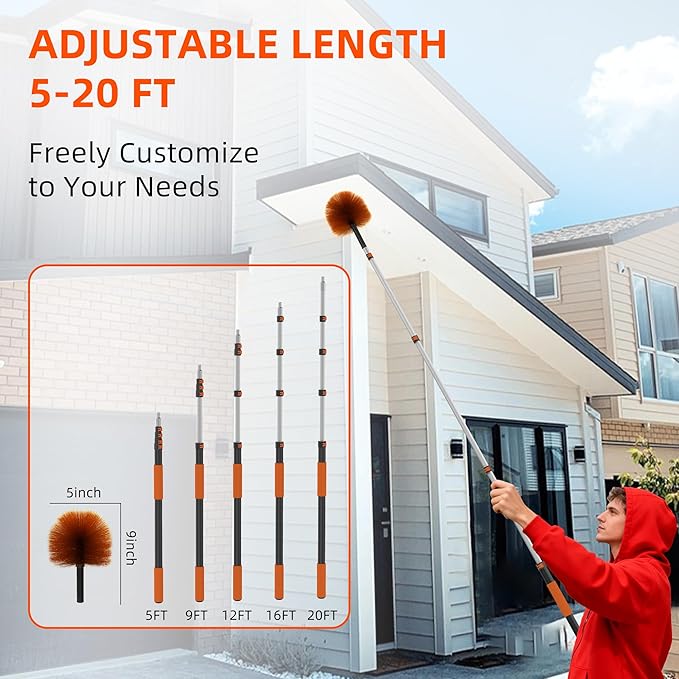 26 FT Cobweb Duster with Extension Pole Cobweb Duster with 5-20FT Telescoping Extension Pole Cleans Spider Webs Washable &amp Reusable for High Ceilings Fans &amp Outdoor &amp Indoor Cleaning