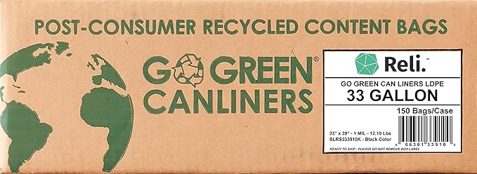 Reli. EcoStrong 33 Gallon Trash Bags | 150 Count Bulk | Black | Eco-Friendly | Made from Recycled Material
