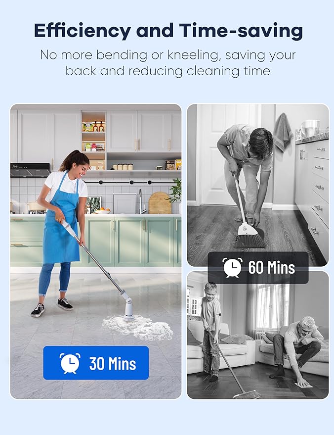 Electric Spin ScrubberFloor Power Scrubber with Long Handle Dual SpeedsCleaning Brush CordlessShower Scrubber Scrub Brush with 3 Adjustable Angles8 Brush Heads for Bathroom Tile