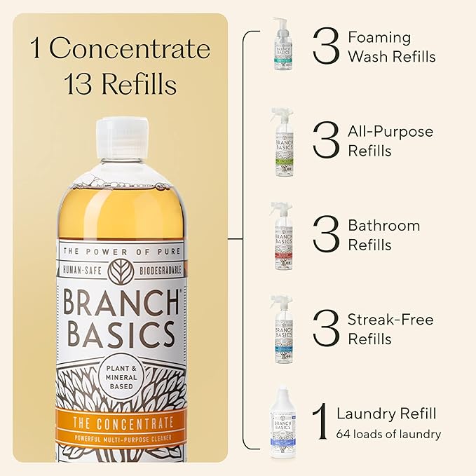 Branch Basics Premium Starter Kit: All Purpose Cleaner Glass and Bathroom Cleaner plus our Foaming Wash and Laundry Bottle (3 Plastic Spray Bottles + Concentrate) Fragrance-Free