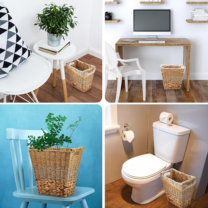 Mifoci 2 Pcs Wicker Trash Can with 50 Small Trash Bag Wicker Waste Woven Basket with Handles Clear Multi Use Garbage Bags for Bathroom Kitchen Bedroom(Multicolor)