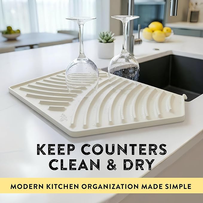 Silicone Dish Drying Mat with Drain Self-Draining Heat Resistant &amp Non-Slip Kitchen Counter Mat Easy to Clean Reusable 19.3'' x 13'' Greige