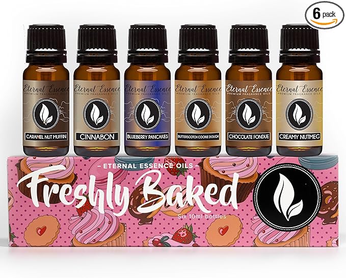 Eternal Essence Oils Freshly Baked Set of 6 Premium Fragrance Oils - Includes Blueberry Pancakes Caramel Nut Muffin Butterscotch Cookie Dough Cinnabon Chocolate Fondue and Creamy Nutmeg - 10ML