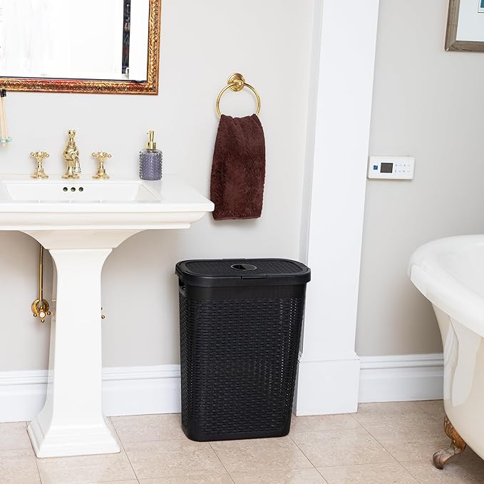 Mind Reader Slim Laundry Hamper with Lid 40L Clothes Basket Narrow Tapered Design with Ventilated Cutout Pattern Plastic Set of 2 Black