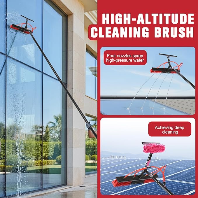 Solar Panel Cleaner Height Adjustable Extendable Solar Panel Washing Tool with 180° Rotating Brushhead for Solar Panel Roof Car