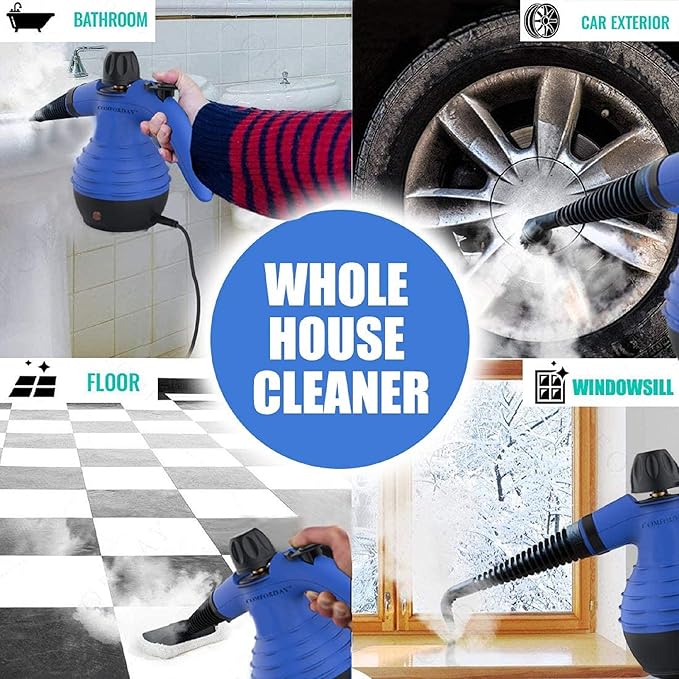 Comforday Handheld Pressurized Steam Cleaner - Multi-Purpose Steamer with 9-Piece Accessories Steam Cleaning Machine for Stain Removal Curtains Car Seats Floor Window (Blue)