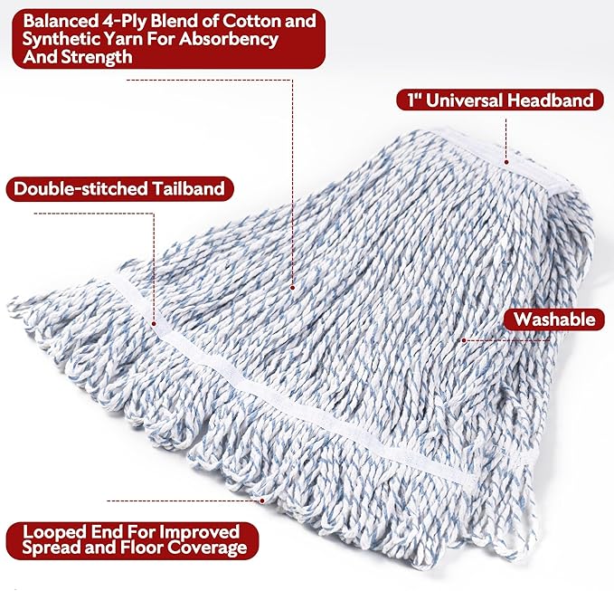 Matthew Cleaning Looped-End Pack of 12 Cotton1.25'' Universal Headband Heavy Duty Commercial Mop Head Replacement for Indoor&ampOutdoor UseGrease Stain Floor Cleaning String Mops Head Refill