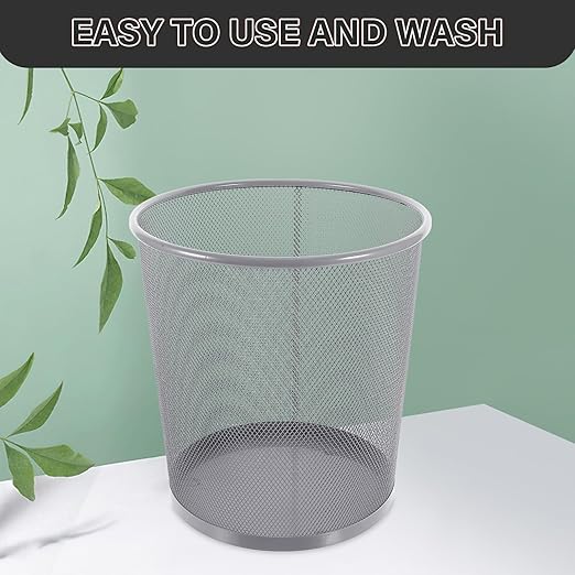Mesh Metal Wastebasket for Office and Home Rust-Resistant Iron Trash Can with Simple Design Medium Silver Round Garbage Bin for Bathroom Bedroom Dorm Living
