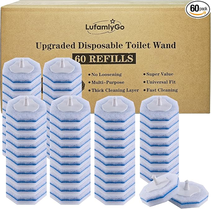 Upgraded 60pcs Toilet Wand Refills fits Clorox Toilet Wand Thickened Cleaning Layer Won’t Fall Apart Disposable Bathroom Cleaning Scrub Pads with Fresh Scent for Home &amp Commercial Use