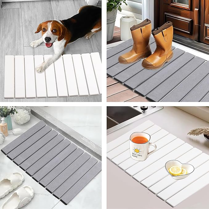 Quick Dry Collapsible Dish Drying Mat Eco-Friendly Absorbent Diatomaceous Earth Mats for Dishes Bottles Cups 24×16Large Stone Dish Drying Mats for Kitchen Counter (White 24（L）×16（W）)