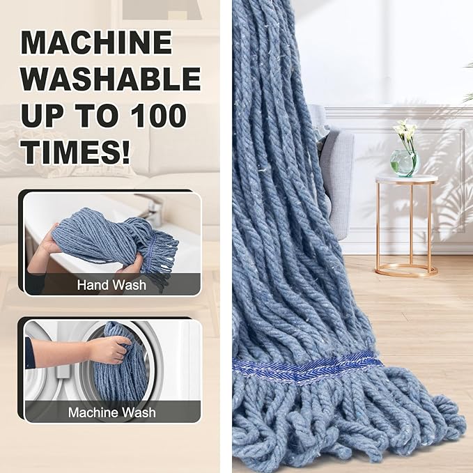 Commercial Industrial Mop with 3 Extra Large Reusable Replacement Head59 Long Handle Heavy Duty Wet MopsLooped-End String Cotton Mop for Floor CleaningHouseKitchenOfficeGarageTile(Yellow)