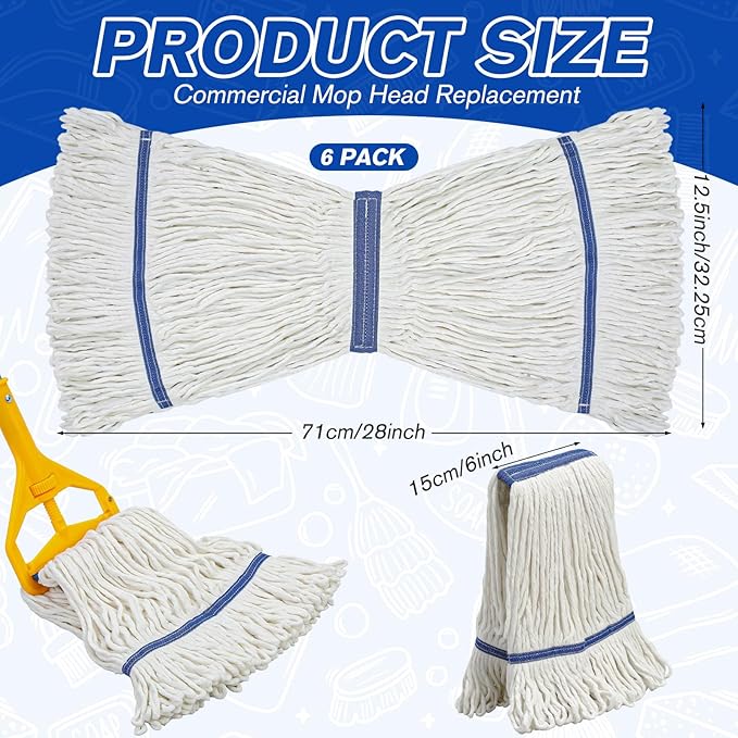 Eccliy 6 Pack Heavy Loop End Cotton String Mop Head Heavy Duty Mop Head Commercial Refills Replacement Bulk for Home Industrial Commercial Floor Cleaning (WhiteBlue)
