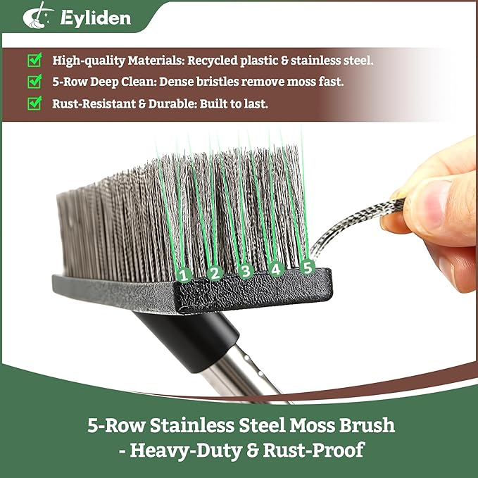 Eyliden Push Broom Heavy Duty Moss Wire Scrub Brush with Stainless Steel Bristles 65 Long Handle Scrubber Brush for Deck Floor Concrete Roof Patio Pool Outdoor Cleaning