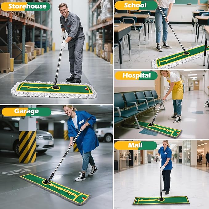 42 Commercial Dust Mop for Floor Cleaning MASTERTOP Large Flat Mop with Long Handle Sweeping Broom with 2 Different Mops Pads Industrial Mop for Hardwood Tile Gym Office Mall Warehouse