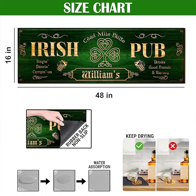 THUYPT Personalized Irish Bar Mat Dish Drying Mat for Irish Pub St Patrick's Day Decor Bar Shamrock Spill Mat Kitchen Counter Accessories Home Bar Decor St Patrick's Day (04)