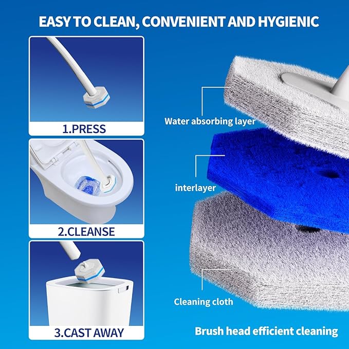 Disposable Toilet Brush Cleaning System with 50pcs Refills Pads Replacement Heads Toilet Cleaning Stick Wall Mounted Toliet Wand Kit Bathroom Maintenance Toilet Bowl Cleaner Wands Holder and Set
