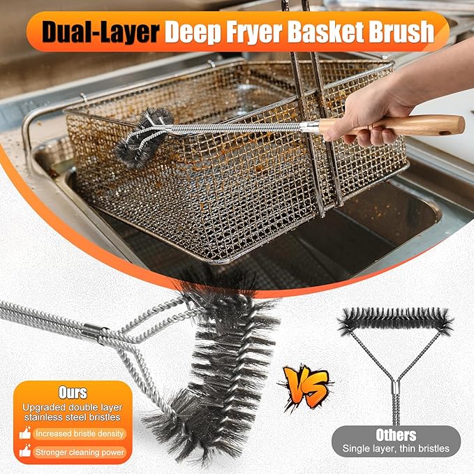 Fryer Cleaning Tools Set of 3 Stainless Steel Deep Fryer Basket Brush Long Handle L-Shaped Crevice Cleaning Brush and Cleanout Rod Kit for Kitchen Restaurant Electric Fryer Degreasing Scrubber Tool