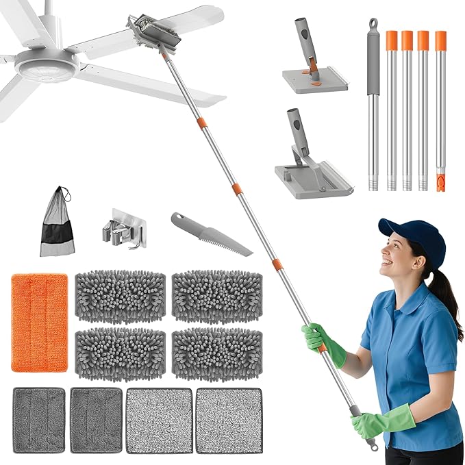 Ceiling Fan Cleaner Duster - 79 Extension Pole &amp Dual Brush Heads Baseboard Cleaner Tool with Handle 4-in-1 Reusable Fan Blade Cleaner Ceiling Fan Duster for Fan Blades Baseboards Corners