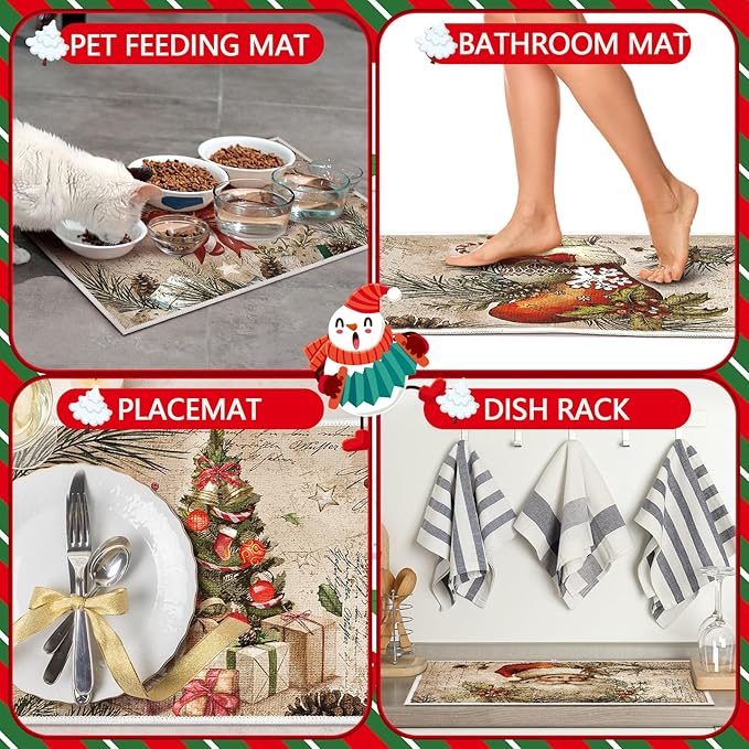Meanplan Set of 6 Christmas Dish Drying Mats for Kitchen 24x 16 Retro Xmas Kitchen Accessories Santa Berries Rectangle Table Mats Washable Absorbent Drainer Draining Dry Pad for Christmas Home Decor