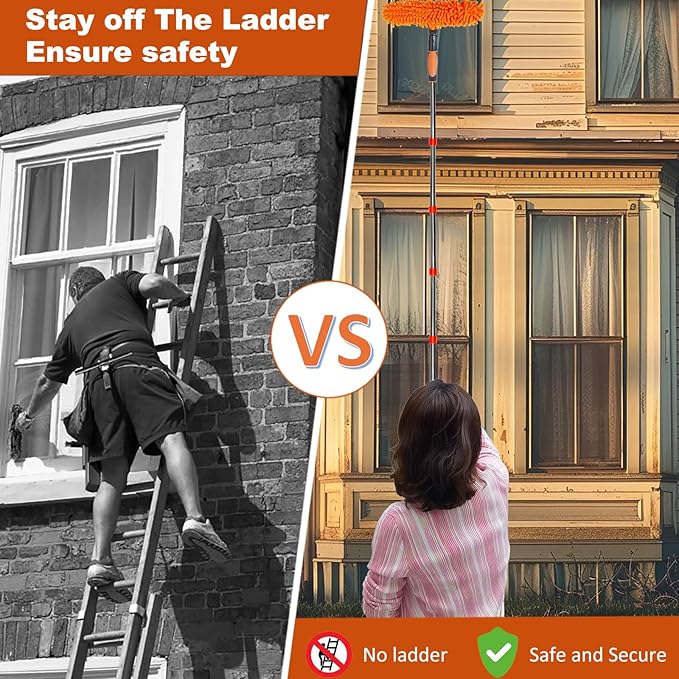 20+ Feet High Reach Duster Kit with 3-14 ft Extension Pole // High Ceiling Dusting and Window Cleaning Kit with Spliceable Pole - Window Washer &amp Squeegee Cobweb Duster Fan Blade and Feather Dus