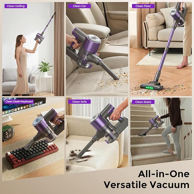 Cordless Vacuum CleanerVacuum Cleaner for Home with Brushless MotorLightweight Stick Vacuum with Self-Standing and Touch ScreenHardwood Floor Vacuum for Pet HairCarpetsTile(Light Purple)