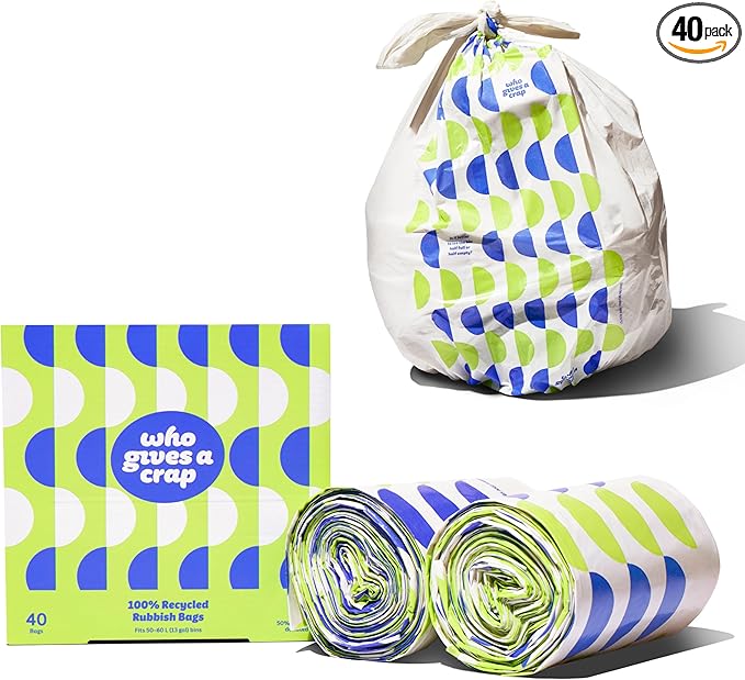 Who Gives a Crap 100% Recycled Tall Kitchen Trash Bags 40 Count 13 Gallon Sustainable Garbage Bags for Kitchen or Large Trash Cans Designed to Help Resist Leaks and Tears Durable Tie Handles