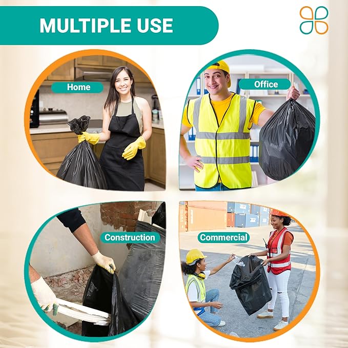 PlasticMill Heavy Duty Trash Bags - Black Garbage Bags - Plastic Trash Bags - Kitchen Bathroom Office Garbage Bags Trash Can Liners - 7-10 Gallon Small Trash Bags 8 Microns 24x24 (100-Count)
