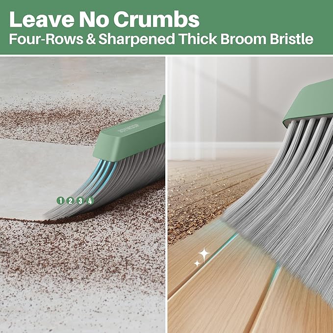 JOYMOOP Dark Teal Green Broom and Dustpan Set Upright Angle with Built-in Comb Teeth Ideal for Home Office Hardwood Pet Hair