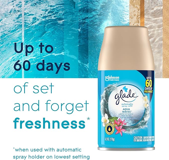 Glade Automatic Spray Refill and Holder Kit Air Freshener for Home and Bathroom Aqua Waves 6.2 Oz 2 Count (Pack of 2)
